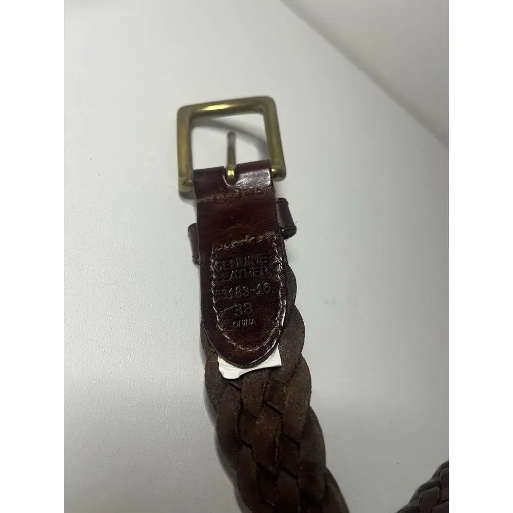 Braided Genuine Leather Belt Mahogany Brown Gold Buckle Woven Gaucho 38
